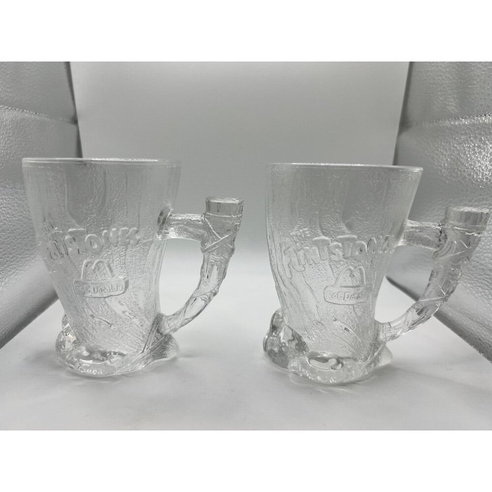 Set of 2 McDonald's Flintstones Mammoth‎ Frosted Clear Mugs RocDonalds 1993